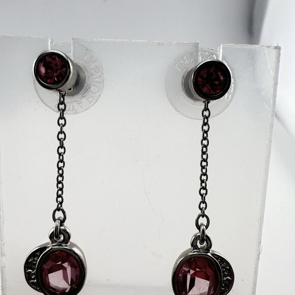 Swarovski Earrings Crystal Drop Dangle 2in1 Set Pink Signed Swan Silver Tone - Picture 4 of 11